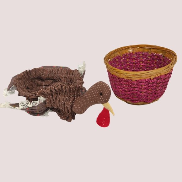 Vintage 1970s Chicken Baskets 3 Turkey Chick Calico Floral Wicker Lace Quilting - Picture 6 of 16